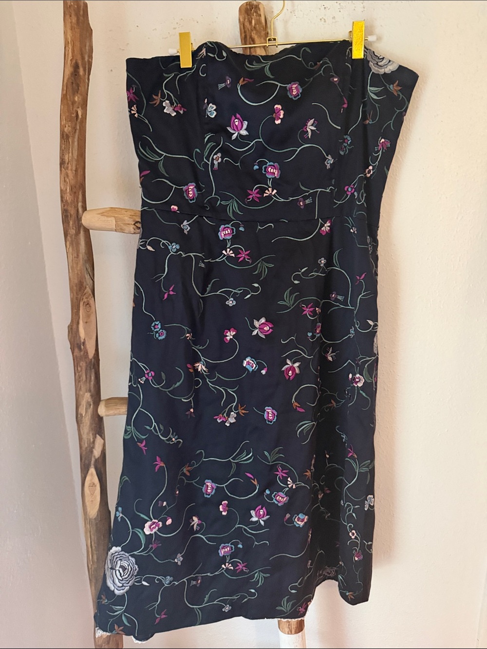 Tibi Navy Embroidered Silk Strapless Floral Dress with Purple & Green Accents 12